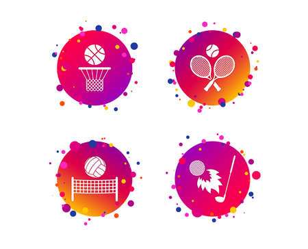Tennis rackets with ball. Basketball basket. Volleyball net with ball. Golf fireball sign. Sport icons. Gradient circle buttons with icons. Random dots design. Vectorのイラスト素材