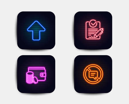 Neon set of Payment method, Rfp and Upload icons. Stop talking sign. Wallet with coins, Request for proposal, Load arrowhead. Do not talk. Neon icons. Glowing light banners. Vectorのイラスト素材