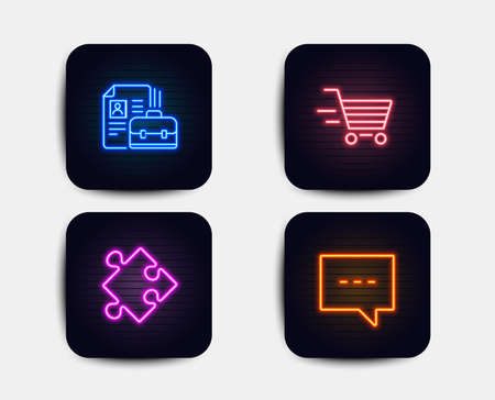 Neon set of Delivery shopping, Strategy and Vacancy icons. Blog sign. Online buying, Puzzle, Hiring job. Chat message. Neon icons. Glowing light banners. Vectorのイラスト素材