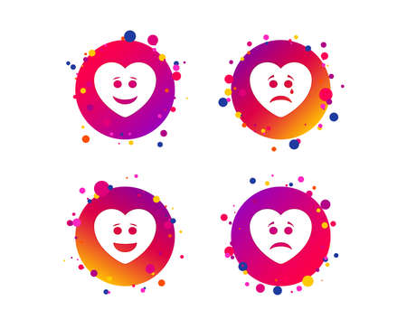 Heart smile face icons. Happy, sad, cry signs. Happy smiley chat symbol. Sadness depression and crying signs. Gradient circle buttons with icons. Random dots design. Vectorのイラスト素材