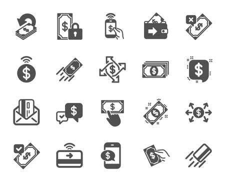 Payment wallet icons. Set of Accept money transfer, Pay with Phone and Credit card by mail icons. Online payment, Dollar exchange and Fast money send. Private pay, Cash and Wallet. Vectorのイラスト素材
