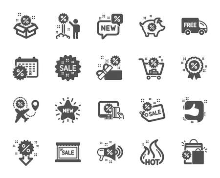 Discount icons. Set of Shopping, Sale and New icons. Free delivery, Flight sale and Black friday discount. Hot offer, Airplane and new store. Online shopping. Black friday clearance. Vectorのイラスト素材