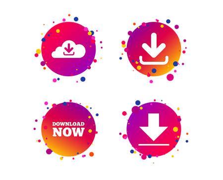 Download now icon. Upload from cloud symbols. Receive data from a remote storage signs. Gradient circle buttons with icons. Random dots design. Vectorのイラスト素材