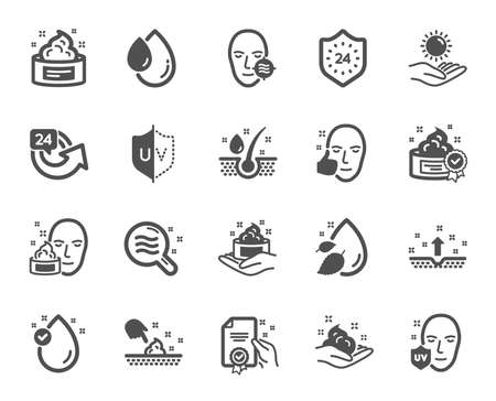 Skin care cosmetic icons. Cream, Serum drop and Face gel or lotion icons. Uv protection. Oil, Vitamin E and Collagen symbols. 24 hour face care cream protection. Medical skin cosmetic. Vectorのイラスト素材