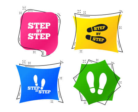 Step by step icons. Footprint shoes symbols. Instruction guide concept. Geometric colorful tags. Banners with flat icons. Trendy design. Vectorのイラスト素材
