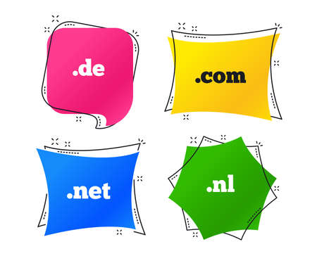 Top-level internet domain icons. De, Com, Net and Nl symbols. Unique national DNS names. Geometric colorful tags. Banners with flat icons. Trendy design. Vectorのイラスト素材