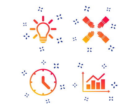 Lamp idea and clock time icons. Graph chart diagram sign. Teamwork symbol. Random dynamic shapes. Gradient teamwork icon. Vectorのイラスト素材