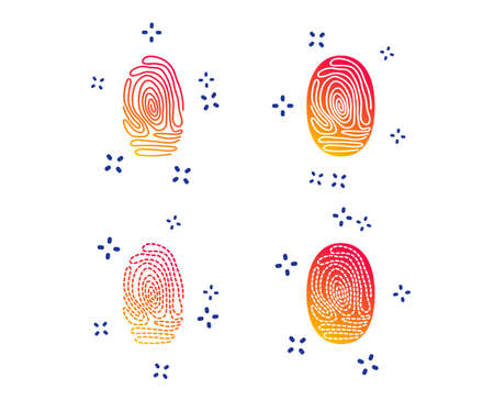 Fingerprint icons. Identification or authentication symbols. Biometric human dabs signs. Random dynamic shapes. Gradient fingerprint icon. Vectorのイラスト素材