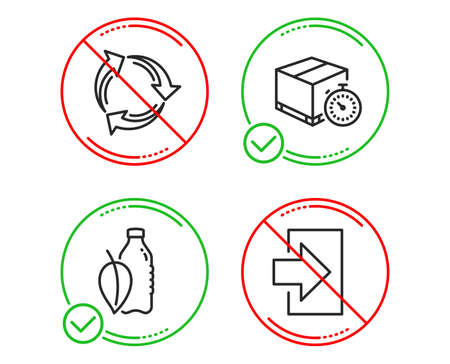 Do or Stop. Delivery timer, Water bottle and Recycle icons simple set. Login  sign. Express logistics, Mint leaf drink, Recycling waste. Sign in.  Business set. Line delivery timer do icon. Vector:: موقع