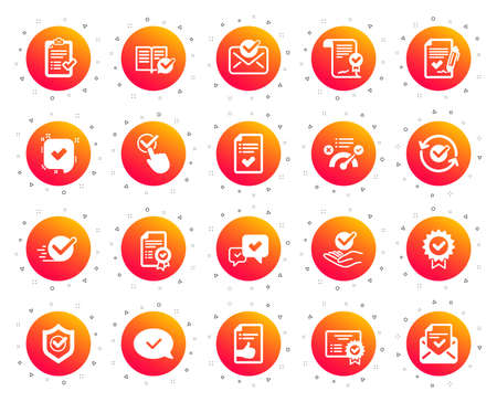 Approve icons. Set of Check List, Certificate and Award medal. Certified document, Accepted approve and Confirm mail icons. Guarantee certificate, Check mark and agreement signs. Gradient buttons setのイラスト素材