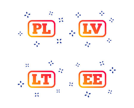 Language icons. PL, LV, LT and EE translation symbols. Poland, Latvia, Lithuania and Estonia languages. Random dynamic shapes. Gradient language icon. Vectorのイラスト素材