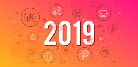 Infographic concept. Waiting, Users chat and Reject protection icons simple set. Debit card, Oil drop and Accounting report signs. Partnership, Espresso and Roller coaster symbols. 2019 year. Vectorのイラスト素材