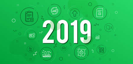 Infographic concept. Graph chart, Truck delivery and Timer icons simple set. Update data, Delete file and Accounting checklist signs. Car, Parking payment and Face id symbols. 2019 year. Vectorのイラスト素材