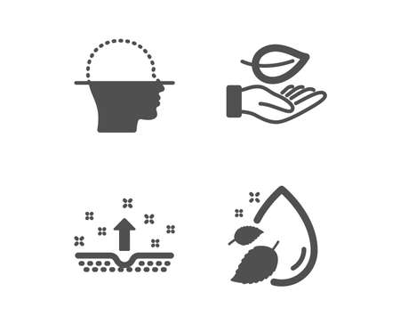 Set of Leaf, Clean skin and Face scanning icons. Water drop sign. Plant care, Cosmetics, Faces detection. Serum oil.  Classic design leaf icon. Flat design. Vectorのイラスト素材