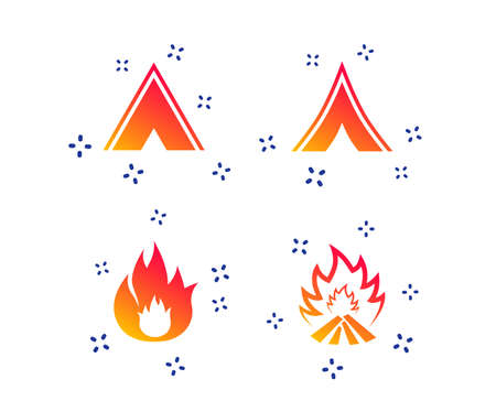 Tourist camping tent icons. Fire flame sign symbols. Random dynamic shapes. Gradient tent icon. Vectorのイラスト素材