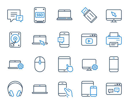 Mobile device line icons. Laptop, Tablet PC and Smartphone icons. HDD, SSD and Flash drive. Headphones, Printer and tablet device. Mouse, ssd disk, mobile laptop. Memory hdd drive. Colorful design setのイラスト素材