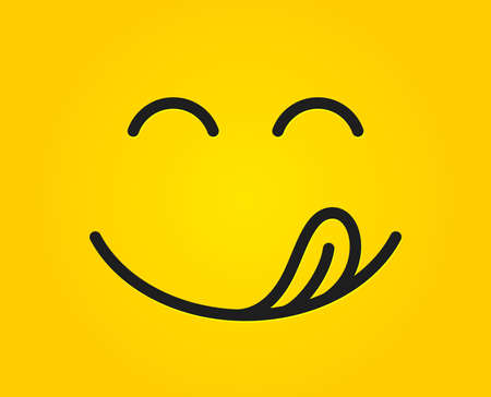 Yummy smile emoticon with tongue lick mouth. Tasty food eating emoji face. Delicious cartoon on yellow background. Face line design. Savory gourmet. Vectorのイラスト素材
