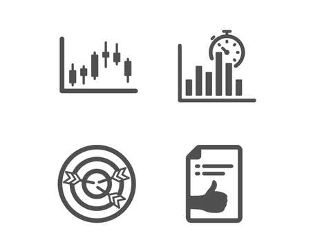 Set of Candlestick graph, Targeting and Report timer icons. Approved document sign. Finance chart, Target with arrows, Growth chart. Like symbol.  Classic design candlestick graph icon. Flat designのイラスト素材