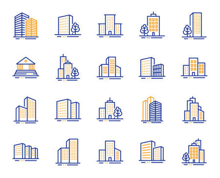 Buildings line icons. Bank, Hotel, Courthouse. City, Real estate, Architecture buildings icons. Hospital, town house, museum. Urban architecture, city skyscraper, downtown. Vectorのイラスト素材