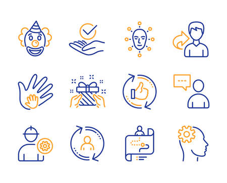 Users chat, Clown and Gift icons simple set. User info, Journey path and Share signs. Approved, Face biometrics and Engineer symbols. Social responsibility, Refresh like and Engineering. Vectorのイラスト素材