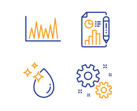 Water drop, Line graph and Report document icons simple set. Work sign. Crystal aqua, Market diagram, Growth chart. Settings. Science set. Linear water drop icon. Colorful design set. Vectorのイラスト素材