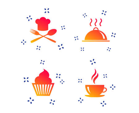 Food and drink icons. Muffin cupcake symbol. Fork and spoon with Chef hat sign. Hot coffee cup. Food platter serving. Random dynamic shapes. Gradient food icon. Vectorのイラスト素材