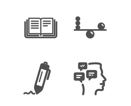 Set of Education, Signature and Balance icons. Messages sign. Instruction book, Written pen, Concentration. Notifications.  Classic design education icon. Flat design. Vectorのイラスト素材