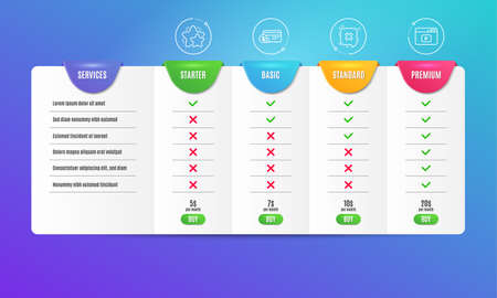 Payment method, Reject and Star icons simple set. Comparison table. Video content sign. Cash or non-cash payment, Delete message, Customer feedback. Browser window. Technology set. Vectorのイラスト素材