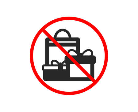 No or Stop. Gift boxes with bag icon. Present or Sale sign. Birthday Shopping symbol. Package in Gift Wrap. Prohibited ban stop symbol. No shopping icon. Vectorのイラスト素材