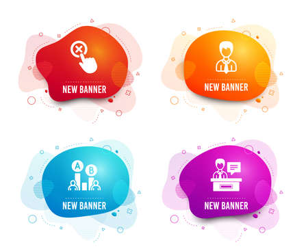 Liquid badges. Set of Ab testing, Reject click and Businessman icons. Exhibitors sign. Test chart, Delete button, User data. Information desk.  Gradient ab testing icon. Flyer fluid design. Vectorのイラスト素材