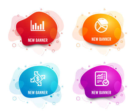 Liquid badges. Set of Payment exchange, Column chart and Pie chart icons. Checked calculation sign. Money transfer, Financial graph, Presentation graph. Statistical data. Vectorのイラスト素材