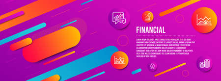 Header banner. Investment, Accounting and Bitcoin graph icons simple set. Trade infochart, Shopping and Currency signs. Economic statistics, Supply and demand. Finance set. Line investment iconのイラスト素材