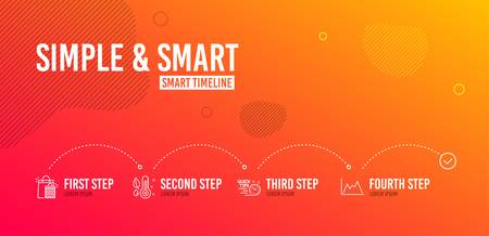 Infographic timeline. Shopping bags, Thermometer and Quick tips icons simple set. Diagram sign. Sale marketing, Grow plant, Helpful tricks. Growth graph. Business set. 4 steps layout. Vectorのイラスト素材