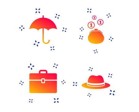 Clothing accessories icons. Umbrella and headdress hat signs. Wallet with cash coins, business case symbols. Random dynamic shapes. Gradient accessories icon. Vectorのイラスト素材