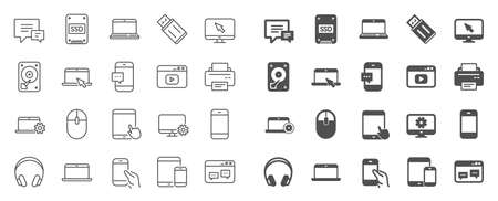 Mobile device line icons. Laptop, Tablet PC and Smartphone icons. HDD, SSD and Flash drive. Headphones, Printer and tablet device. Mouse, ssd disk, mobile laptop. Memory hdd drive. Quality sign setのイラスト素材