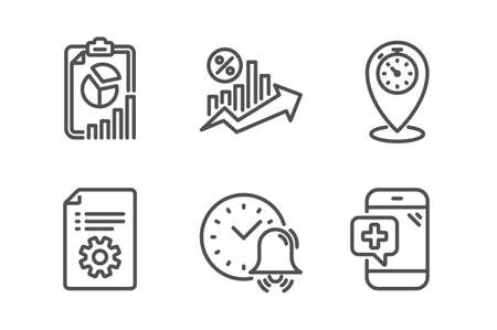 Alarm bell, Report and Technical documentation icons simple set. Loan percent, Timer and Medical phone signs. Time, Presentation chart. Technology set. Line alarm bell icon. Editable stroke. Vectorのイラスト素材