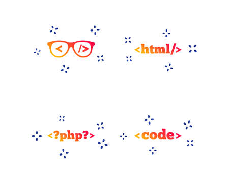 Programmer coder glasses icon. HTML markup language and PHP programming language sign symbols. Random dynamic shapes. Gradient code icon. Vectorのイラスト素材