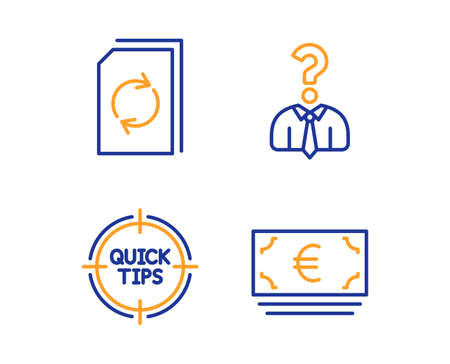 Tips, Hiring employees and Update document icons simple set. Euro currency sign. Quick tricks, Human resources, Refresh file. Eur banking. Business set. Linear tips icon. Colorful design set. Vectorのイラスト素材