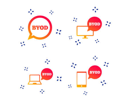 BYOD icons. Notebook and smartphone signs. Speech bubble symbol. Random dynamic shapes. Gradient byod icon. Vectorのイラスト素材
