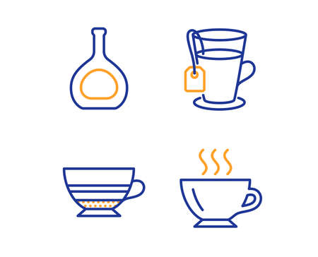 Cognac bottle, Tea and Mocha icons simple set. Coffee sign. Brandy alcohol, Glass mug, Coffee cup. Cappuccino. Food and drink set. Linear cognac bottle icon. Colorful design set. Vectorのイラスト素材