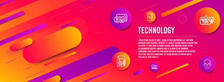 Header banner. Education idea, Search files and Faq icons simple set. Bitcoin chart, Documentation and Face recognition signs. Quick tips, Magnifying glass. Technology set. Line education idea iconのイラスト素材