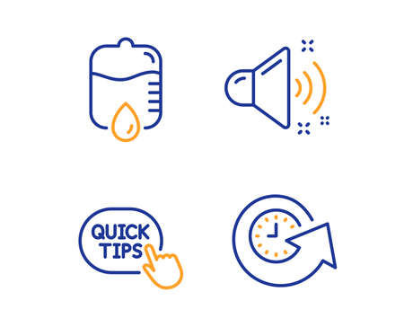 Quick tips, Drop counter and Loud sound icons simple set. Update time sign. Helpful tricks, Medical equipment, Music. Refresh watch. Business set. Linear quick tips icon. Colorful design set. Vectorのイラスト素材