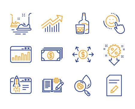 Start business, Discount and Banking icons simple set. Bumper cars, Smile and Marketing statistics signs. Demand curve, Whiskey glass and Dollar exchange symbols. Line start business icon. Vectorのイラスト素材