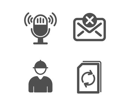 Set of Reject mail, Microphone and Engineer icons. Update document sign. Delete letter, Mic, Worker profile. Refresh file.  Classic design reject mail icon. Flat design. Vectorのイラスト素材