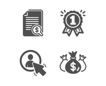 Set of Reward, Financial documents and User icons. Check investment sign. First place, Check docs, Project manager. Business report.  Classic design reward icon. Flat design. Vectorのイラスト素材