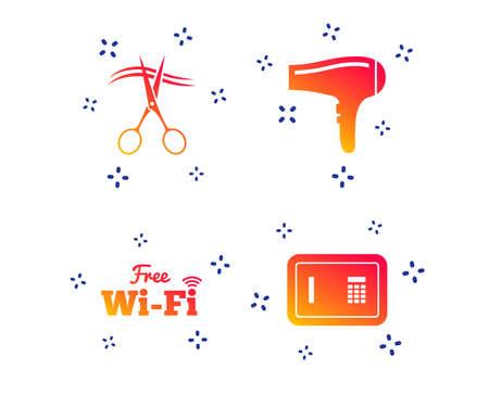 Hotel services icons. Wifi, Hairdryer and deposit lock in room signs. Wireless Network. Hairdresser or barbershop symbol. Random dynamic shapes. Gradient wifi icon. Vectorのイラスト素材