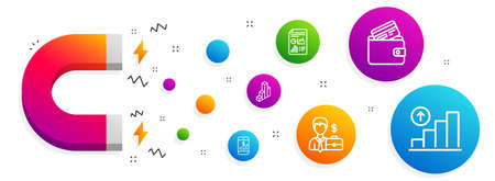 Magnet attracting. Businessman case, Debit card and 3d chart icons simple set. Mobile finance, Report document and Graph chart signs. Human resources, Wallet with credit card. Finance set. Vectorのイラスト素材