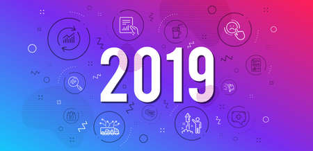 Infographic concept. Fireworks, Water bottles and Medical chat icons simple set. Document, Dislike and Update data signs. Quick tips, Push cart and Cocktail symbols. 2019 year. Line fireworks iconのイラスト素材