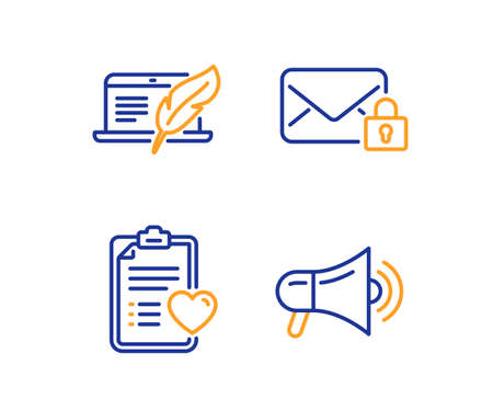 Copyright laptop, Patient history and Secure mail icons simple set. Megaphone sign. Writer device, Medical survey, Private e-mail. Advertisement. Business set. Linear copyright laptop icon. Vectorのイラスト素材