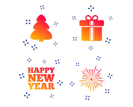 Happy new year icon. Christmas tree and gift box signs. Fireworks explosive symbol. Random dynamic shapes. Gradient fireworks icon. Vectorのイラスト素材